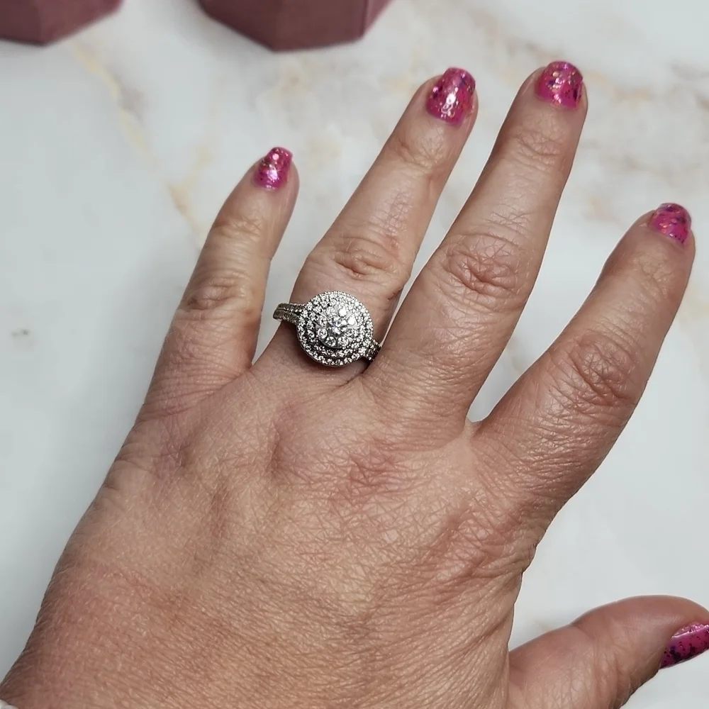 1ct tw Round double halo diamond 10k engagement ring